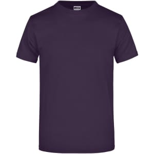 A plain purple t-shirt with short sleeves and a round neck, featuring a logo on the neckline.
