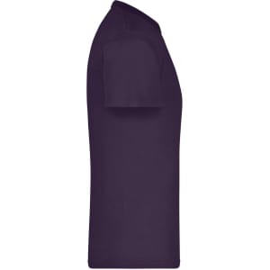 A side view of a purple T-shirt. The shirt has short sleeves and a crew neckline. It features a logo.