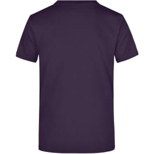 A plain purple T-shirt with a round neckline and short sleeves, featuring a branding logo on the back.
