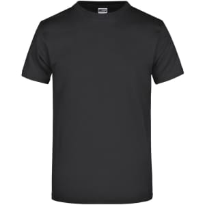 A black short-sleeve t-shirt with a crew neck and a logo on the label.