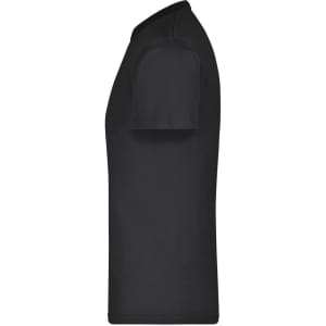 A black short-sleeved T-shirt featuring a side view with a logo on the front.