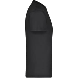 A black round T-shirt with short sleeves and a fitted design, featuring a logo on the side.