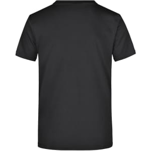 A black t-shirt with a simple round neck and short sleeves, featuring a logo on the back.