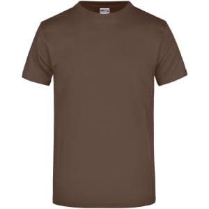 A brown round-neck t-shirt featuring short sleeves and a plain design, with a logo present.
