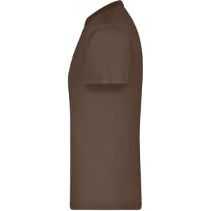A brown T-shirt displayed from the side, featuring a smooth fabric and a logo on it.