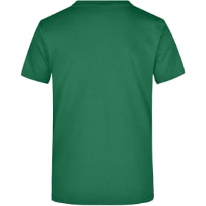 A green T-shirt with a plain back, featuring a round neck and short sleeves. It has a logo.