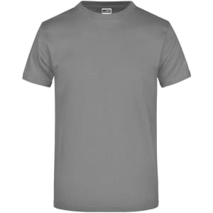 A grey T-shirt with a round neck and short sleeves, featuring a branding logo.