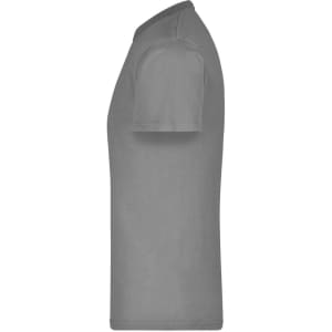 A grey t-shirt featuring short sleeves and a crew neck. It includes a logo on the fabric.