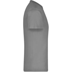 A grey t-shirt displayed from the side, featuring a simple design and a logo on the fabric.