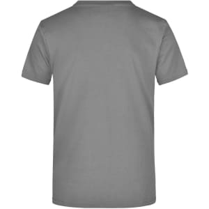 A grey T-shirt featuring a simple design and a logo on the back.