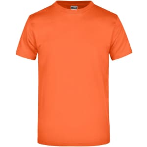 An orange short-sleeve T-shirt featuring a logo.
