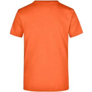 An orange t-shirt with a round neck and short sleeves, featuring a logo on the back.