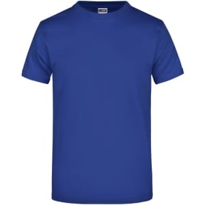 A blue round-neck t-shirt with short sleeves and a plain design, featuring a logo on the label.