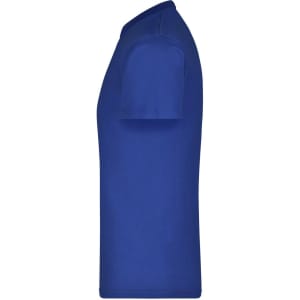 A blue t-shirt with a classic crew neck design, featuring a side profile view. It has a logo on the garment.