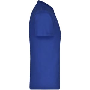 A side view of a blue T-shirt, featuring a plain design and a fitted silhouette. It has a logo on the front.