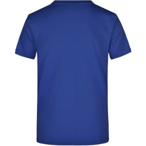A blue round-neck t-shirt with short sleeves, featuring a plain back and a logo.
