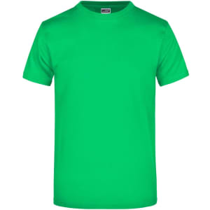 A bright green T-shirt featuring a round neckline and short sleeves, with a logo on the label.