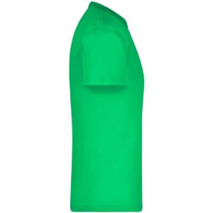 A green t-shirt displayed from the side, featuring short sleeves and a round neck. It has a logo on it.