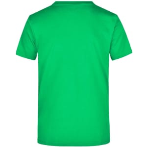 A green T-shirt with a crew neck and short sleeves, featuring a logo on the back.