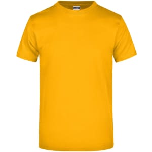 A plain yellow T-shirt with a crew neck and short sleeves, featuring a logo on the label.