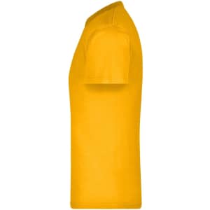 A side view of a bright yellow T-shirt, featuring a crew neck and short sleeves. The shirt has a logo.
