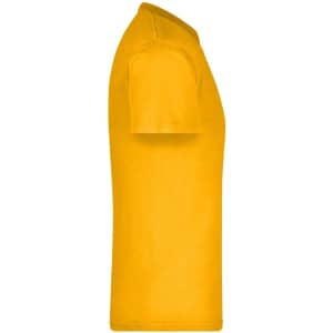 A yellow t-shirt in a side view, featuring a simple design and short sleeves. It has a logo on the fabric.