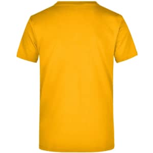 A yellow T-shirt featuring a plain back view. The shirt has a logo or branding on it.