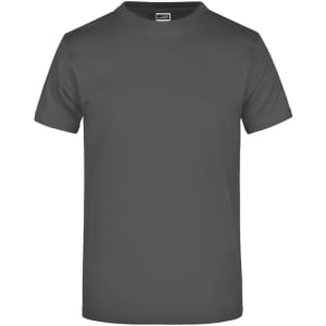 A grey t-shirt featuring a simple design and a branding logo on the label.