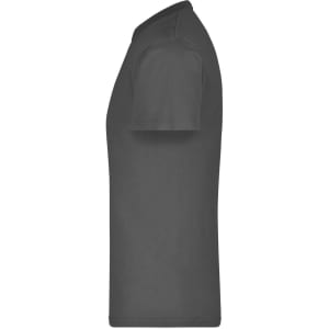 A side view of a grey t-shirt featuring a round neckline, short sleeves, and a logo on the fabric.