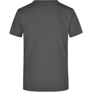 A grey t-shirt with a round neck and short sleeves, featuring a logo on the back.