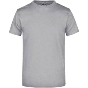 A grey t-shirt with a round neck and short sleeves, featuring a logo on the label.