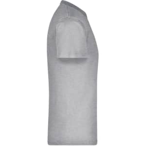 A grey T-shirt featuring a round neck and short sleeves, with a logo on the display.