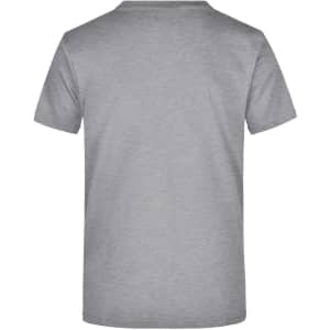 A grey short-sleeved T-shirt displayed from the back, featuring a branding logo.