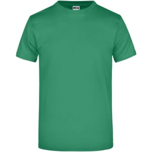 A green, short-sleeved t-shirt featuring a logo on the front.
