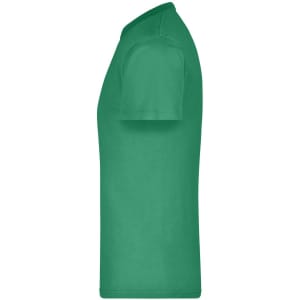 A green t-shirt displayed from the side, featuring short sleeves and a simple design. It has a logo on the chest.