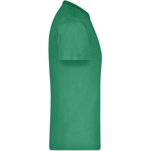 A green t-shirt displayed from the side, featuring a crew neck and short sleeves. It has a logo.