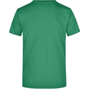 A green t-shirt displayed from the back, featuring a plain design without visible logos or text.