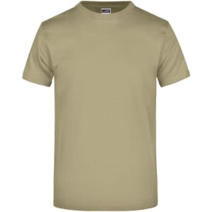A khaki T-shirt with a classic round neckline and short sleeves, featuring a logo on the label.
