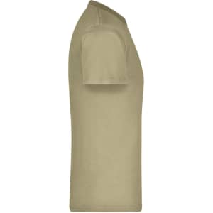 A khaki T-shirt displayed from the side, featuring a simple design and a logo on the fabric.