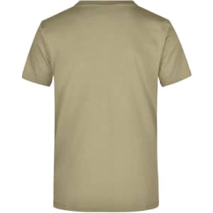 A light olive green t-shirt with a simple design, featuring a blank back and a logo.