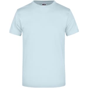 A light blue t-shirt featuring a round neck and short sleeves, with a logo on the label.