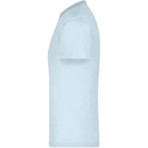 A light blue t-shirt displayed from the side, featuring short sleeves and a simple design. It has a logo.
