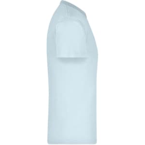 A light blue t-shirt with short sleeves, featuring a logo on the side.