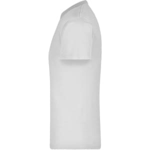 A white T-shirt in a side view, featuring short sleeves and a simple design. It has a logo on the garment.