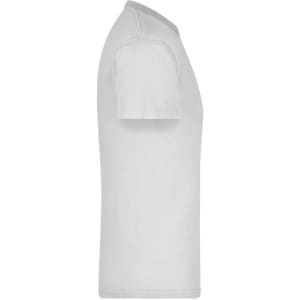 A plain white t-shirt with short sleeves, featuring a logo on the side. Ideal for casual wear.