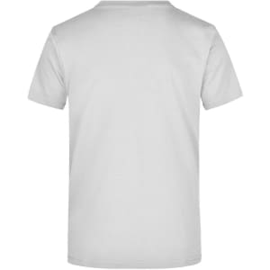 A plain white t-shirt in a standard short-sleeve style with a logo on the back.