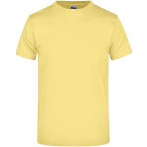 A yellow t-shirt featuring a classic crew neck design and short sleeves, with a logo present.