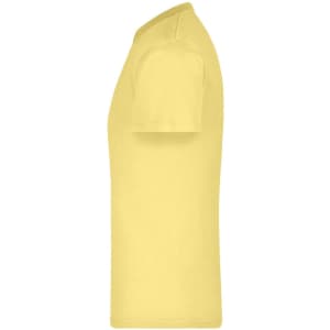 A yellow t-shirt in a side profile view, featuring a logo on the fabric.