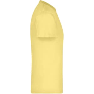 A side view of a yellow t-shirt with short sleeves and a simple design, featuring a logo.