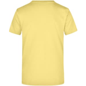 A yellow T-shirt with a simple short sleeve design, featuring a logo on the back.